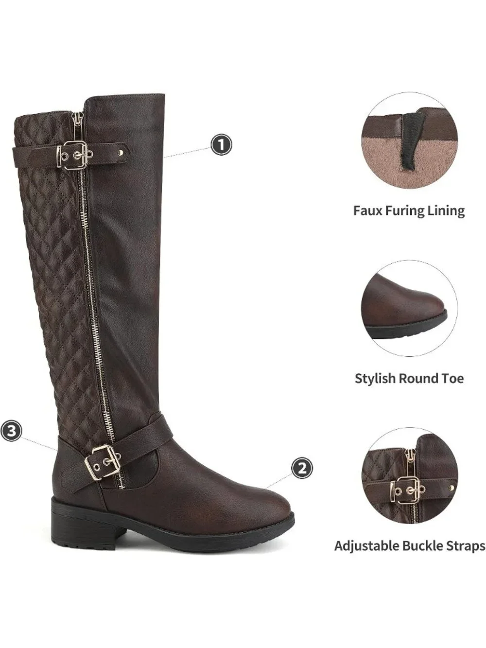 Women's Brown Comfortable Chunky Block Heel Round Toe Side Zipper Knee High Boot